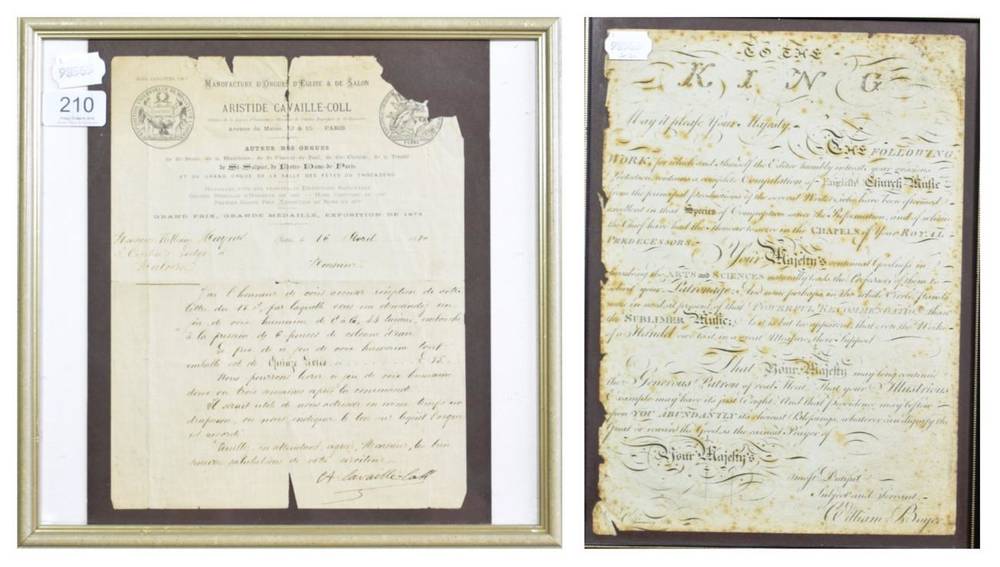 Lot 210 - Cavaille-Coll, Aristide Invoice signed ('A Cavaille-Coll') to William Maynes, S. Cecilia's...