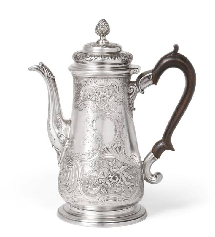 Lot 24 - A George II Silver Coffee Pot, Gabriel Sleath, London 1743, tapering form with tucked in base...