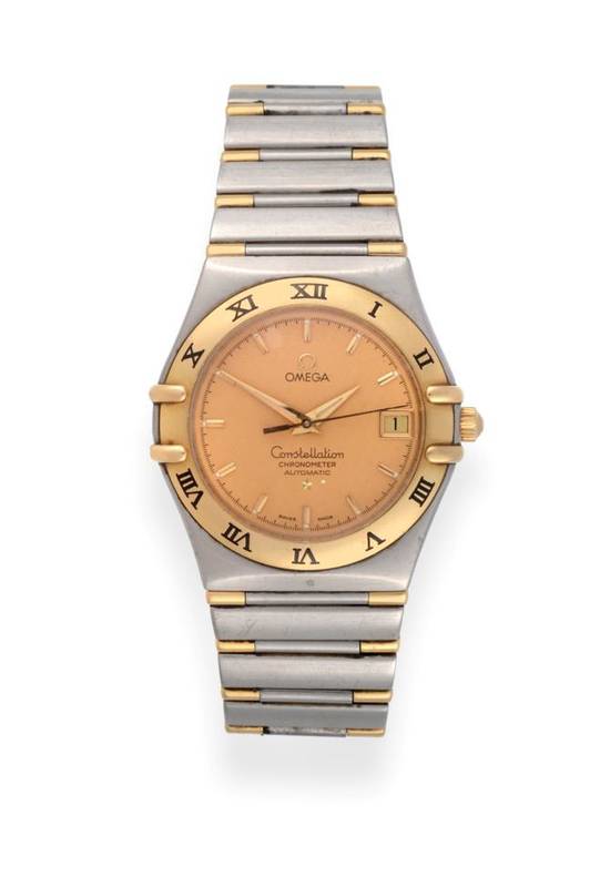Lot 57 - A Steel and Gold Automatic Calendar Centre Seconds Wristwatch, signed Omega, model:...