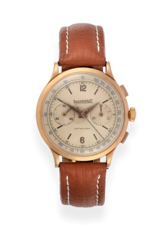 Lot 87 - An 18ct Gold Chronograph Wristwatch, signed Eberhard, model: Extra Fort, circa 1955, lever movement