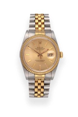 Lot 91 - A Steel and Gold Automatic Calendar Centre Seconds Wristwatch, signed Rolex, Oyster Perpetual,...