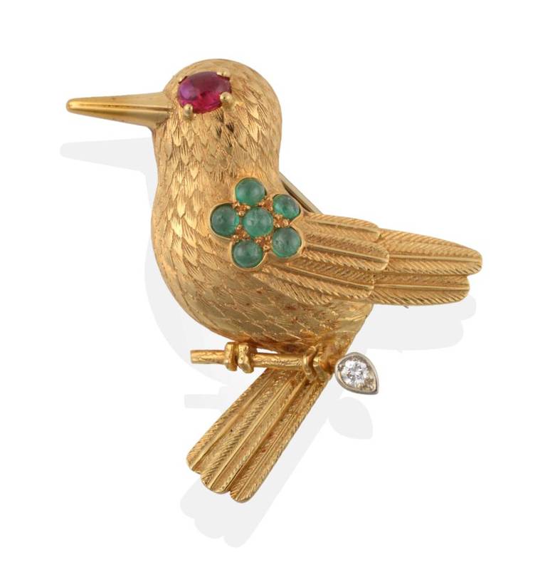 Lot 107 - ^ An 18 Carat Gold 1960's Ruby, Emerald and Diamond Novelty Bird Brooch, by Cartier, modelled...