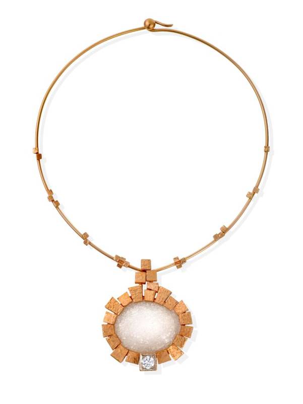 Lot 109 - ^ An 18 Carat Rose Gold, Quartz and Diamond Pendant Necklace, by Andrew Grima, an oval drusy quartz