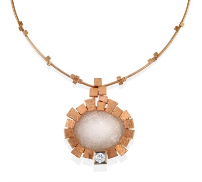 Lot 109 - ^ An 18 Carat Rose Gold, Quartz and Diamond Pendant Necklace, by Andrew Grima, an oval drusy quartz