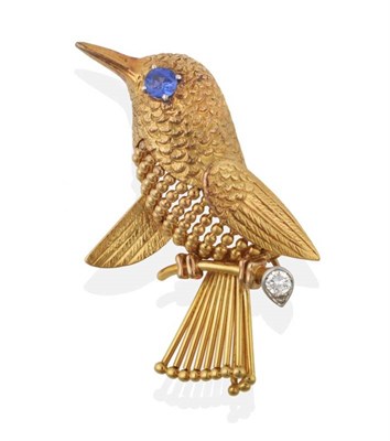 Lot 110 - ^ A 1960's Sapphire and Diamond Novelty Bird Brooch, by Cartier, modelled perched on a branch, with