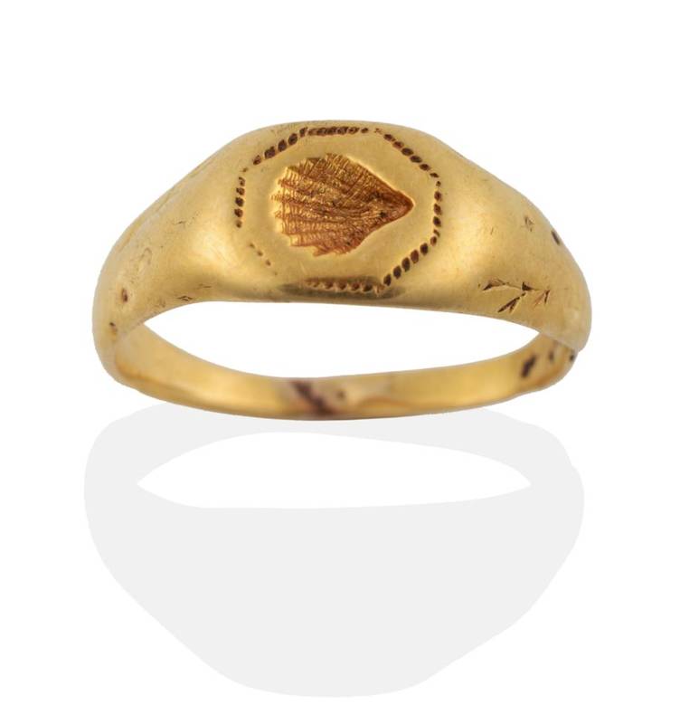 Lot 112 - A Medieval Gold Pilgrim Finger Ring, 15th-16th Century, the head engraved with a scallop shell...