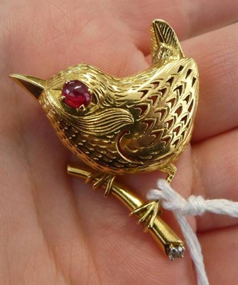 Lot 115 - ^ A 1960's Ruby and Diamond Novelty Bird Brooch, by Cartier, modelled as a wren perched on a...