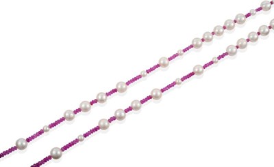 Lot 126 - A Ruby and Cultured Pearl Necklace, faceted ruby roundel beads spaced by groups of cultured pearls