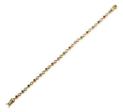 Lot 158 - An 18 Carat Gold Diamond, Ruby, Sapphire and Emerald Bracelet, the round brilliant cut diamonds and