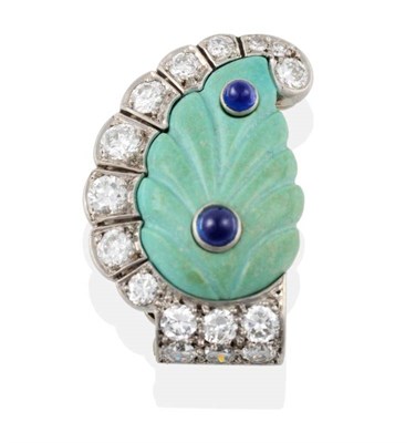 Lot 170 - ^ A Turquoise, Sapphire and Diamond Clip Brooch, by Cartier, a carved turquoise leaf set with...