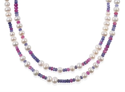 Lot 173 - A Ruby, Sapphire and Cultured Pearl Necklace, faceted ruby and sapphire roundel beads spaced by...
