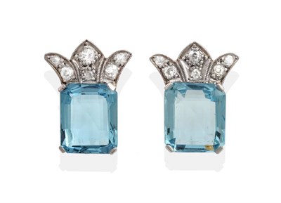 Lot 179 - A Pair of Art Deco Style Aquamarine and Diamond Earrings, the emerald-cut aquamarines in white four