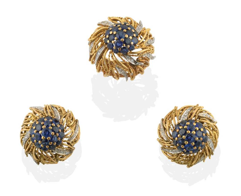 Lot 206 - A Sapphire and Diamond Ring and Earring Set, of domed form, with a central cluster of round...