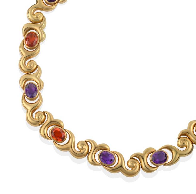 Lot 207 - ^ A Citrine and Amethyst Necklace, by Vasari, alternating oval cut citrine and amethyst in...