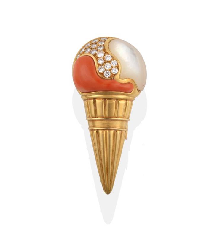 Lot 209 - ^ A Coral, Mother-of-Pearl and Diamond Novelty Ice Cream Cone Brooch, by Bulgari, carved coral,...