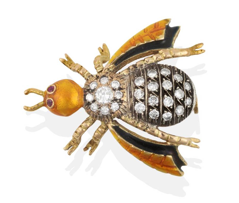 Lot 212 - An Enamelled Diamond Set Bee Brooch, the round brilliant cut diamonds in crimped settings, the...