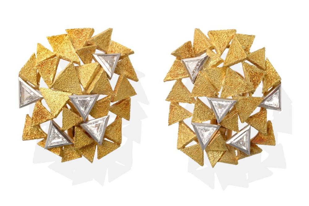 Lot 224 - ^ A Pair of 18 Carat Gold Diamond Earrings, by Andrew Grima, triangular cut diamonds in white...