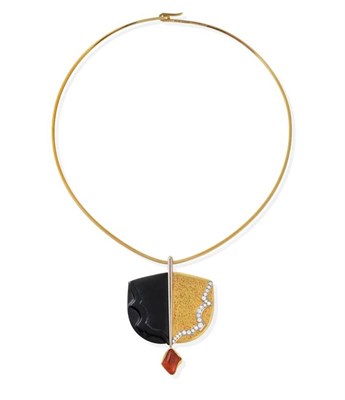 Lot 225 - ^ An 18 Carat Gold Onyx, Fire Opal and Diamond Pendant on Collar, by Andrew Grima, a carved...