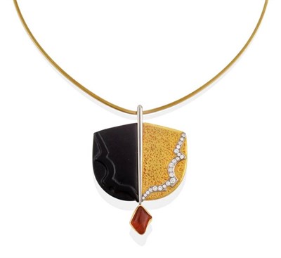 Lot 225 - ^ An 18 Carat Gold Onyx, Fire Opal and Diamond Pendant on Collar, by Andrew Grima, a carved...