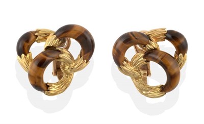Lot 229 - ^ A Pair of 18 Carat Gold Tiger's Eye Earrings, by Kutchinsky, as three interlocked tiger's eye and