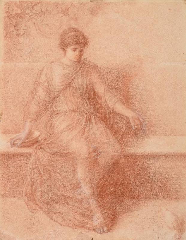 Lot 235 - Manner of Simeon Solomon (1840-1905) Seated lady feeding the doves Sanguine, 45cm by 53cm...