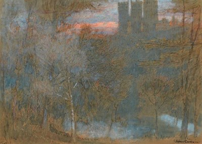 Lot 237 - ^ Albert Goodwin RWS (1845-1932) Durham Cathedral at Evening  Signed, mixed media, 16.5cm by 23.5cm