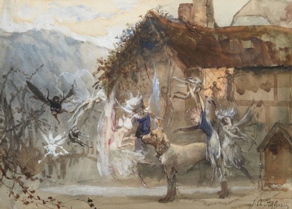Lot 246 - John Anster Fitzgerald (1832-1906)  The Fairies Around The Chained Dog Signed, watercolour, 26cm by