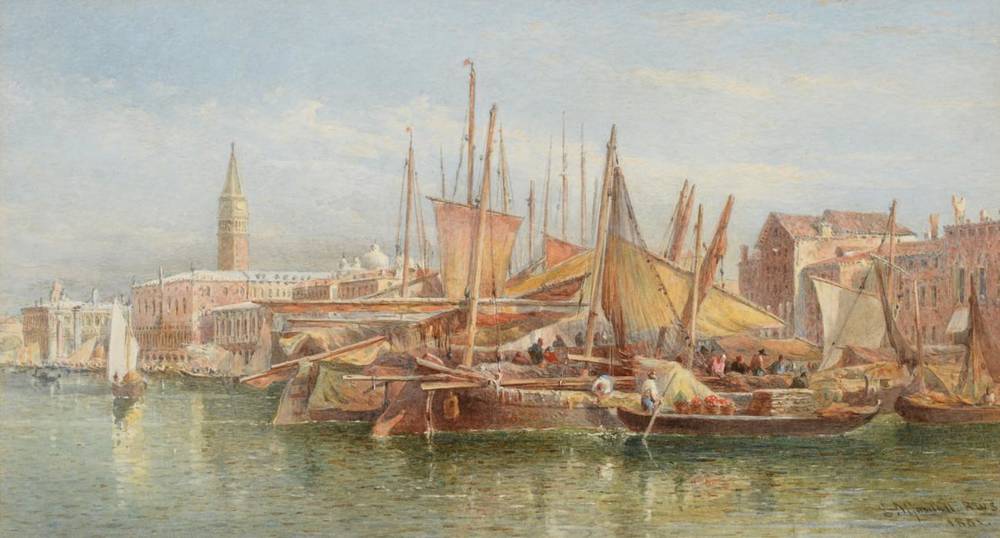 Lot 250 - ^ Edward Angelo Goodall (1819-1908) Moored barges on the Grand Canal, Venice Signed and dated 1881