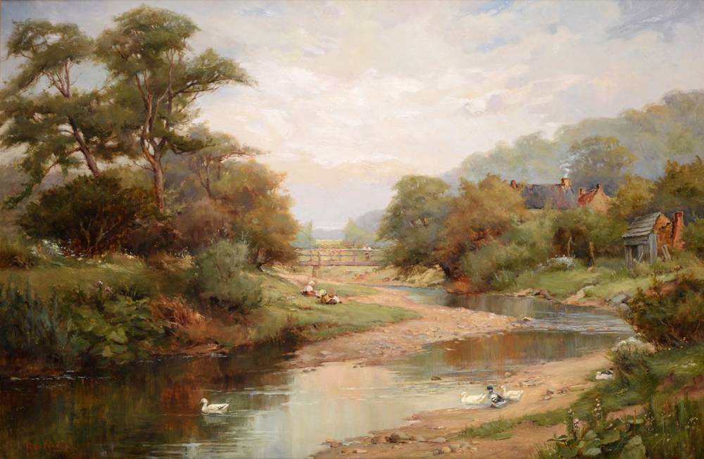 Lot 268 - ~ Robert William Bates (19th century) Riverbank Reflections  Signed, oil on canvas, 50cm by...