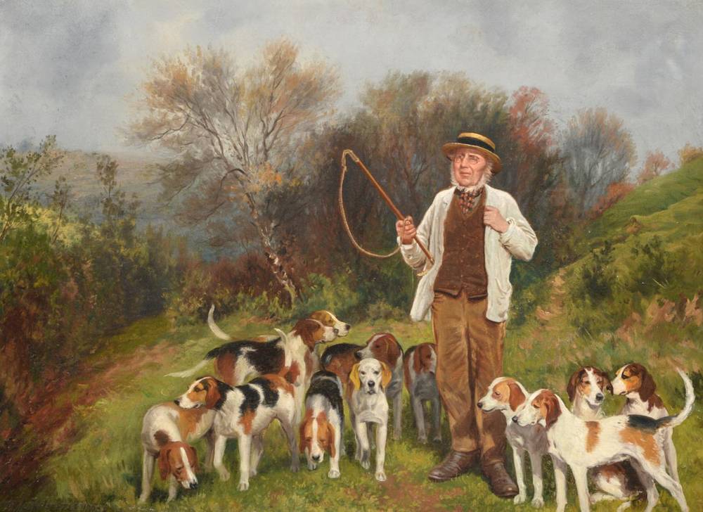 Lot 287 - Wilson Hepple (1854-1937)  Gentleman in straw boater with pack of hounds Signed and dated...