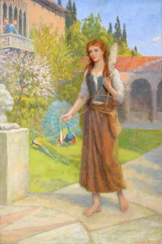 Lot 289 - ^ Arthur Hughes (1832-1915)  Wool spinner in a peacock garden  Signed, oil on panel, 34.5cm by...