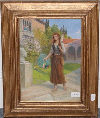 Lot 289 - ^ Arthur Hughes (1832-1915)  Wool spinner in a peacock garden  Signed, oil on panel, 34.5cm by...