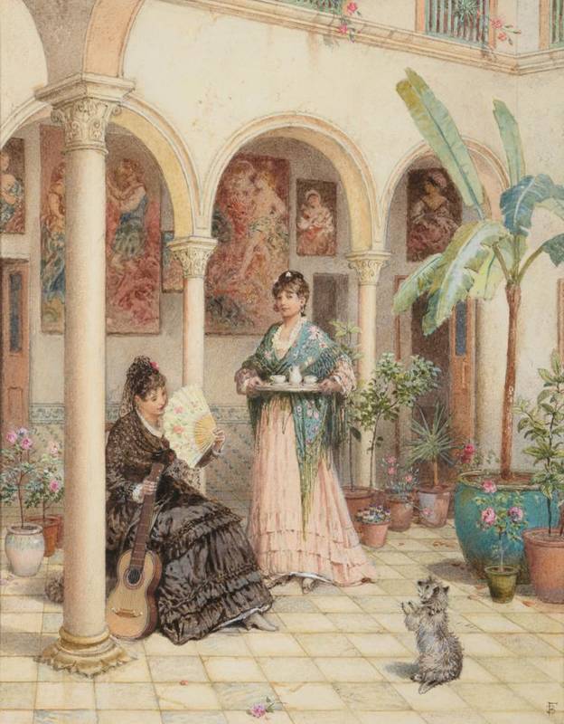 Lot 290 - ^ Myles Birkett Foster RWS (1825-1899)   ''Patio in Seville''  Initialled, watercolour...