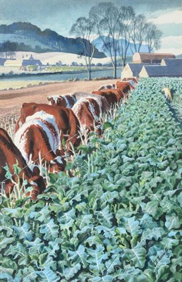 Lot 291 - ^ Charles Frederick Tunnicliffe RA, RE, ARCA (1901-1979) Cows feeding beside a field of kale...