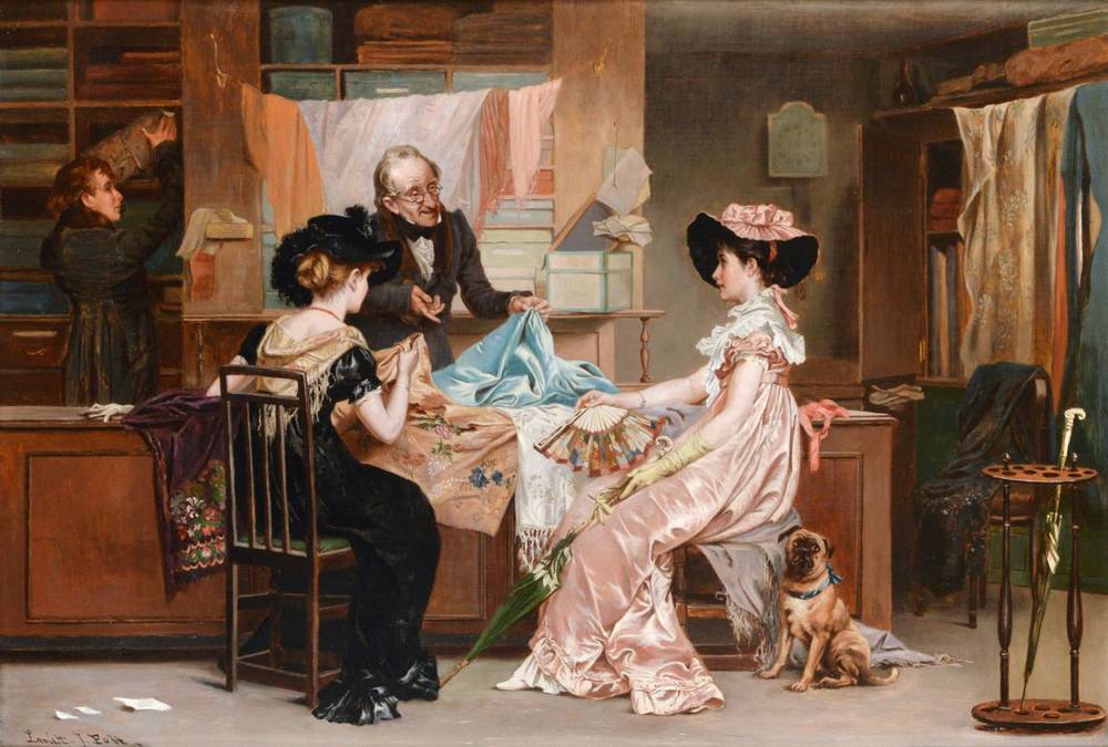 Lot 292 - Laslett John Pott (1837-1898) ''Shopping'' Signed, oil on canvas, 61cm by 90cm  Exhibited:...