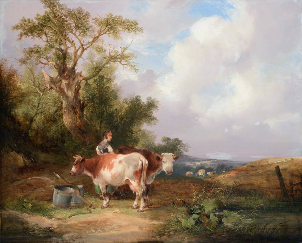 Lot 297 - William Shayer Snr (1787-1879) ''Milking time''  Signed, oil on panel, 49cm by 60cm...
