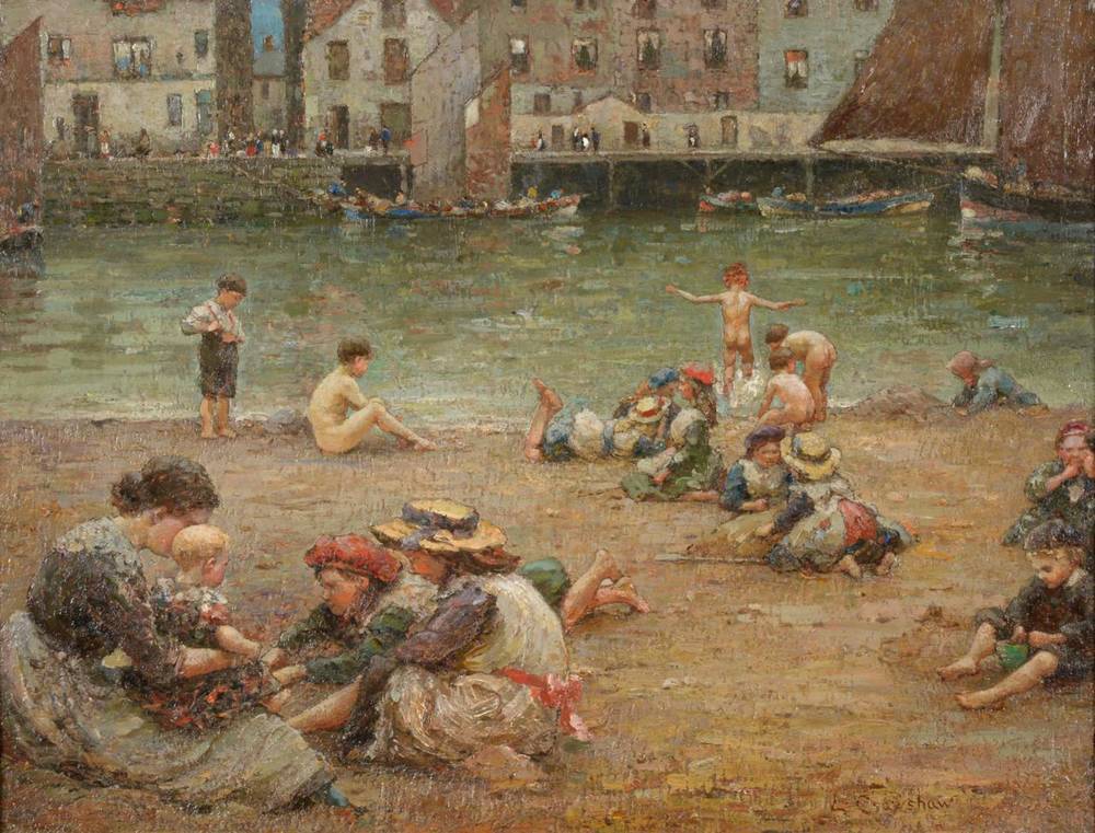 Lot 309 - Lionel Townsend Crawshaw (1864-1949) ''Summer Holidays, Whitby'' Signed, further signed and...
