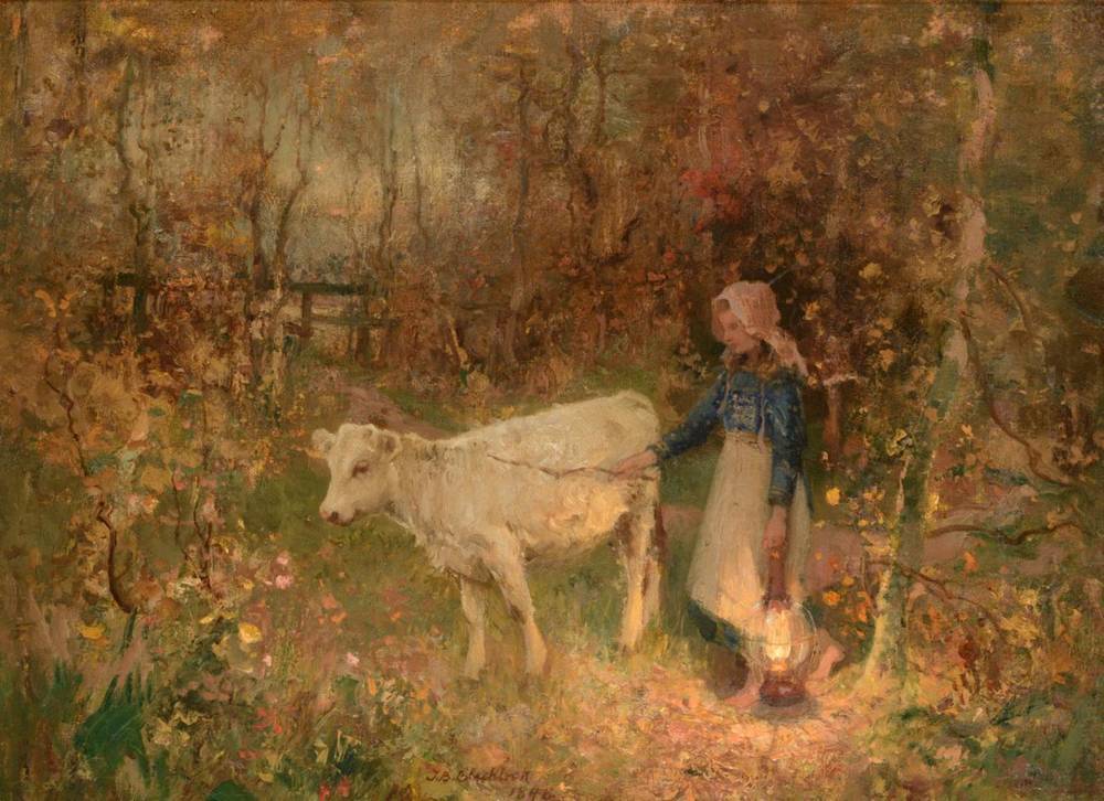Lot 310 - Thomas Bromley Blacklock (1863-1903) The Stray Calf Signed and dated 1896, oil on canvas, 40cm...