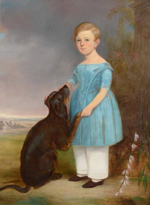 Lot 317 - ~ British School (19th century) A girl in a blue dress with a Gordon Setter Oil on canvas, 99cm...