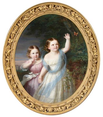 Lot 325 - Circle of Charles Baxter (1809-1879) Two young girls chasing a butterfly in a country house...