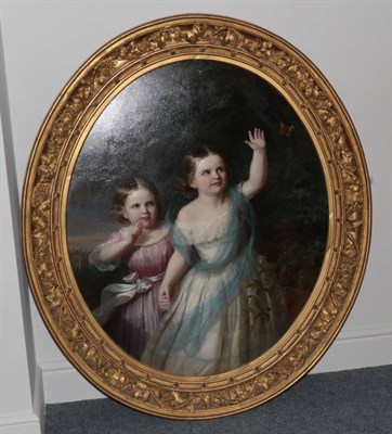 Lot 325 - Circle of Charles Baxter (1809-1879) Two young girls chasing a butterfly in a country house...