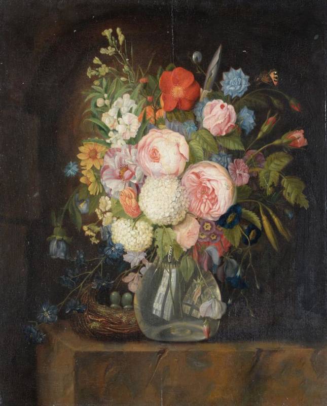 Lot 330 - Circle of Willem van Leen (1723-1825) Dutch Roses, snowballs, convolvulus and other flowers in...