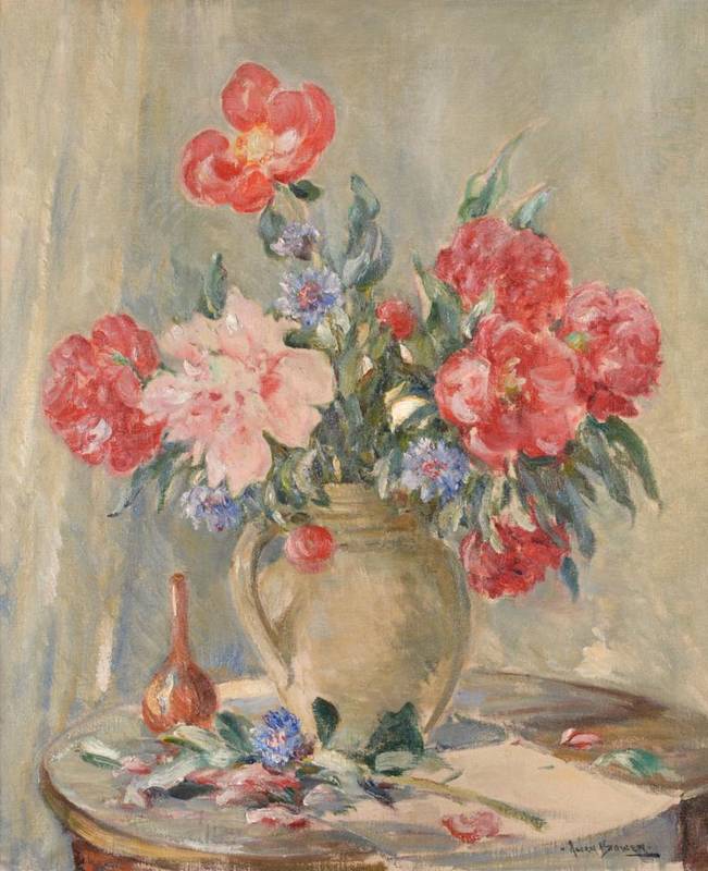 Lot 332 - ~ Owen Bowen (1873-1967) Still life of pansy roses Signed, oil on canvas, 75cm by 62cm  See...