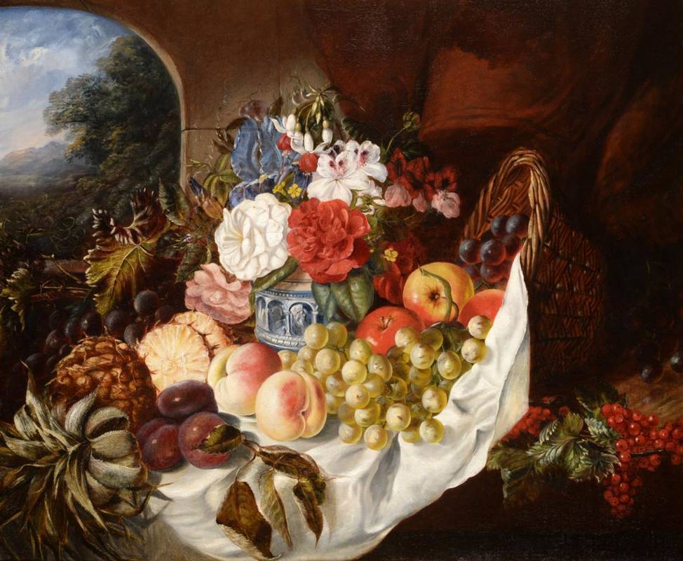 Lot 333 - ~ Attributed to William Duffield (1816-1863) Still life of fruits, a vase of flowers and a red...