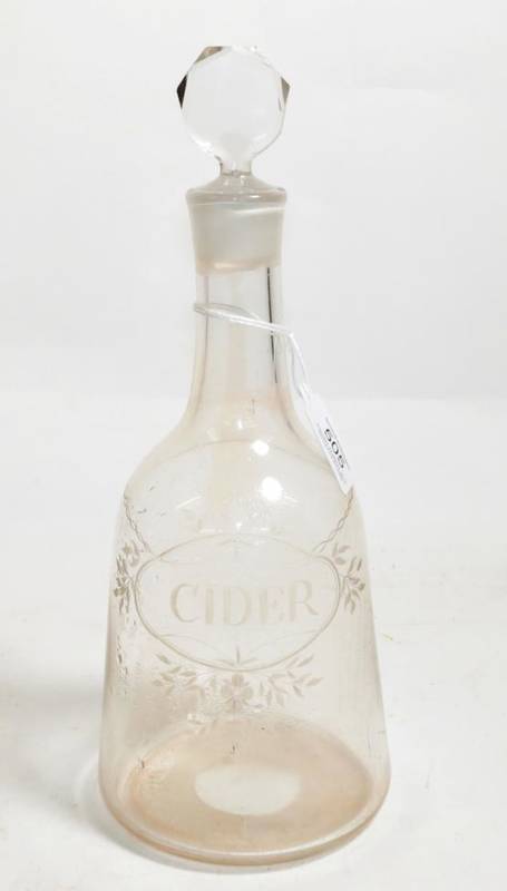 Lot 505 - A Mallet Shaped Glass Decanter and Stopper, circa 1780, engraved CIDER within a foliate label,...