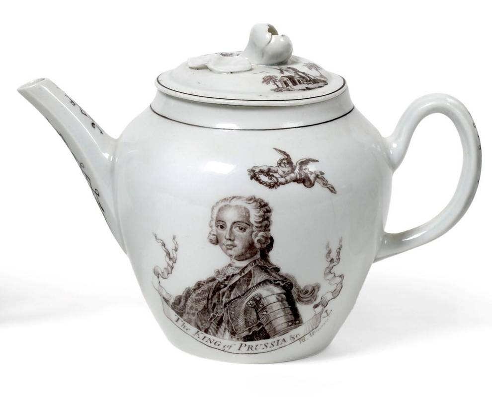 Lot 509 - A Worcester Porcelain Teapot and A Cover, circa 1760, printed in black with the King of Prussia...