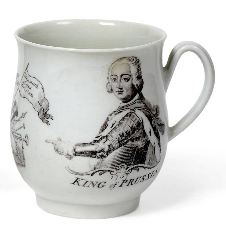 Lot 510 - A Worcester Porcelain Bell Shaped Mug, circa 1757, printed in black with the King of Prussia...