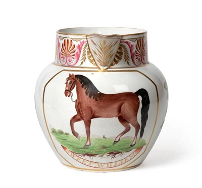 Lot 521 - A Pearlware Jug, circa 1830, of baluster form, painted with a horse titled SWEET WILLIAM flanked by