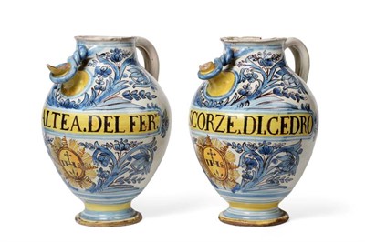 Lot 534 - A Pair of Italian Maiolica Wet Drug Jars, 17th century, of ovoid form, inscribed in manganese SYR o