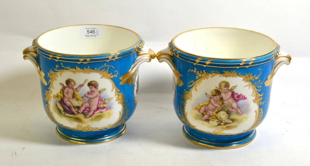 Lot 546 - ~ A Pair of Sevres Style Porcelain Cache Pots, late 19th century, with scroll handles, painted with